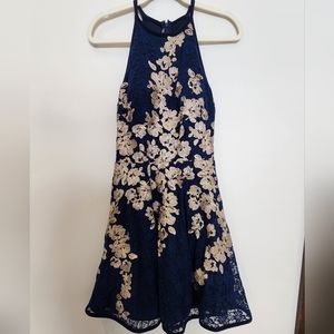 XSCAPE Blue Lace Gold Flowers A Line Halter Prom Dress Women's Size 8
